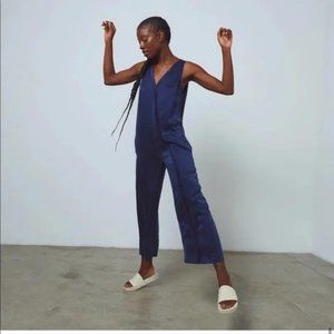 New Lunya Double V Jumpsuit 100% Washable in Silk Deep Blue sz Large